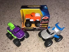 3 Supreme Machines Monster Truck Toys Lot Orange Gator, Gray Shark, Purple T-Rex
