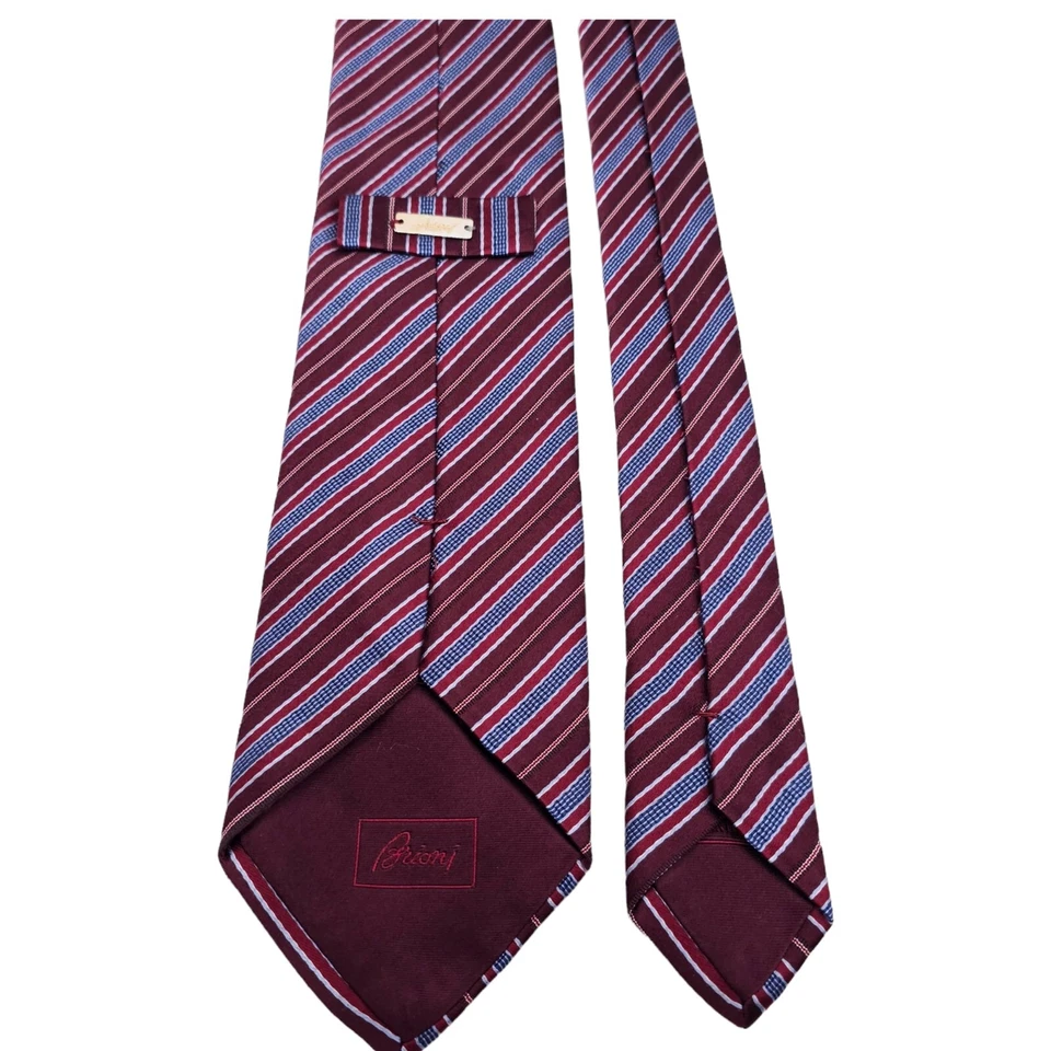 Мужской шелковый хлопковый галстук BRIONI ИТАЛИЯ роскошный ручной работы диагональная полоса коричневый красный - Изображение 4 из 4