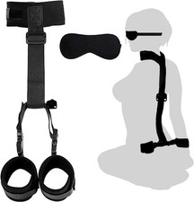 BDSM Neck to Wrist Restraints Bondage Set - Behind Back Handcuffs Collar with Bl
