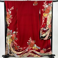 JAPANESE KIMONO FURISODE RED 159cm 5 ft 3 in PURE SILK FF11693