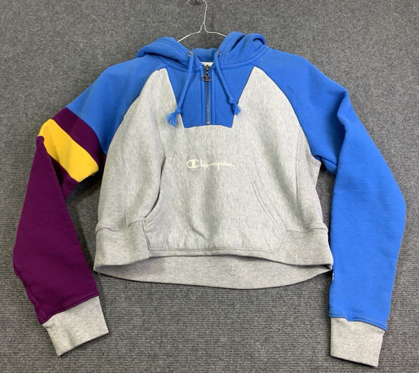 CHAMPION Reverse Weave Hoodie Women's XS Crop Sweatshirt ColorBlock 1/4 Zip