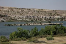 An island in the Missouri River, near one of the falls created by giant dams in