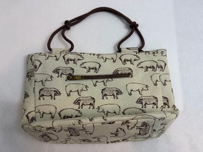 Farmhouse Pig Print Canvas Tote Bag Purse Cream Brown Rope Handles Zip Pocket