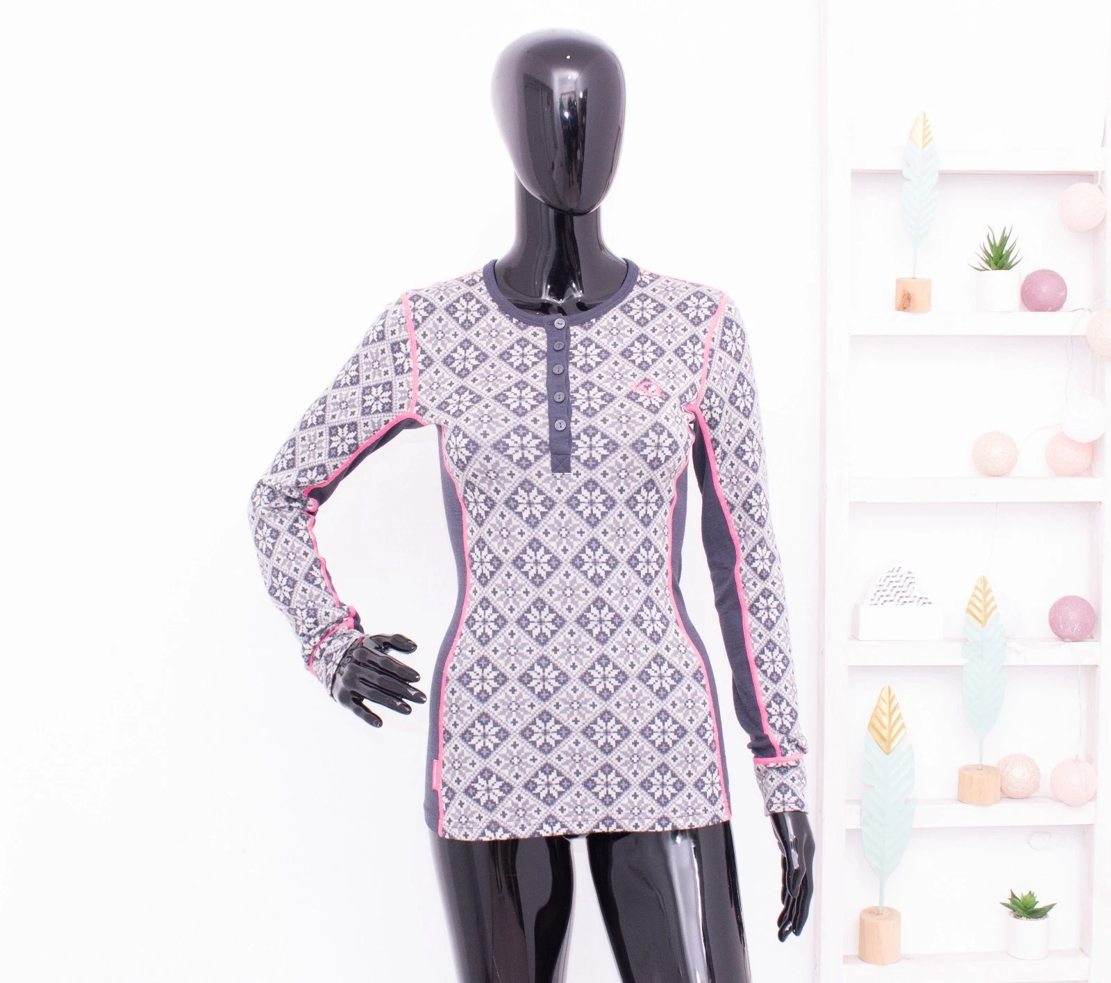 KARI TRAA 100% Merino Wool Top Crew Neck Fair Isle Thermo Base Layer Skiing S