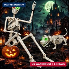 36'' Halloween Skeleton Decoration with Dog: Posable Skeleton Glowing Eyes