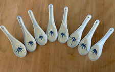 Set of 7 Porcelain Soup Spoons White/Blue Bam...