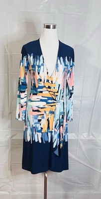 BCBG MAXAZRIA  ''ADELE''  Women Size Small Long Sleeve Blue Border Wrap Dress
