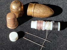 Vintage Austria Embossed Sewing Kit, Brass Bullet Shaped Pocket Sized