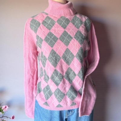 Apt. 9 Pink Argyle 100% Cashmere Turtleneck Sweater - Women's Size Large