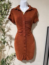 Fashion Nova Brown Ruched Button-Down Shirt Dress Short Sleeve Collared M
