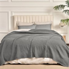 Washed Cotton Waffle Weave Blanket King Size 104x90 Grey Breathable Bed Throw