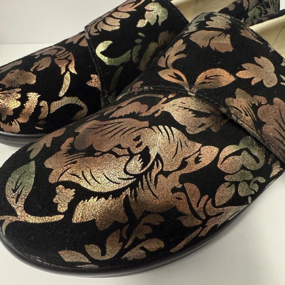 Chinelo Alegria tamanho 42 11 11.5 Lauryn Lau 557 folha de ouro preto camurça metálica novo sem etiquetas - Imagem 2 de 4