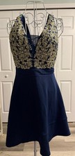 Honey and Rosie Navy Blue Prom Dress with Gold Lace and Gems, Size 7 NWOT MINT