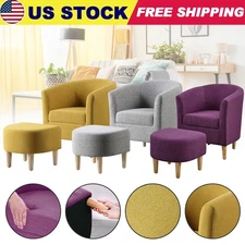 Modern Arm Accent Chair Upholstered Linen Fabric Single Sofa With Ottoman Hotel