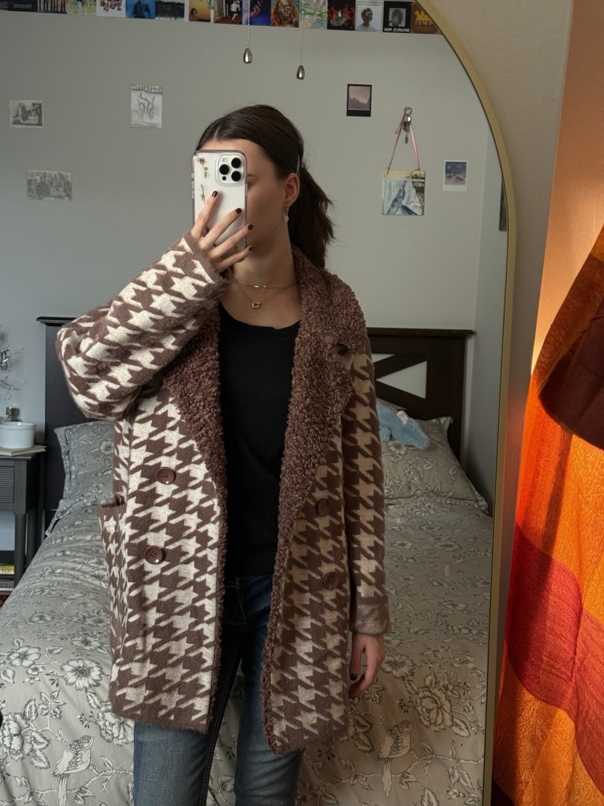 Oversized Houndstooth Collared Jacket – Brown Bei… - image 2