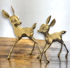 Mid-Century Large Brass Deer Fawn Figurines Pair Vintage MCM Bambi O LEE Korea