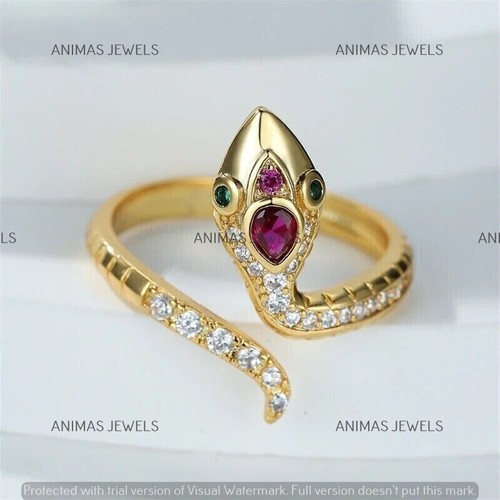 0.30 CT Pear Cut Lab-Created Ruby Snake Engagement Ring 14K Yellow Gold Plated - Picture 4 of 6