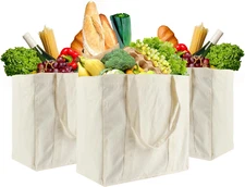 3 Pcs Grocery Bags Canvas 13.3”X13”X8” Reusable Shopping Bags with Real Pockets,