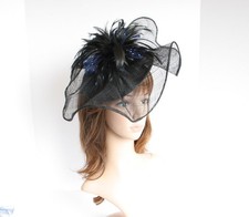 Jumbo Church Derby Wedding Sinamay w Feathers Fascinator Black/Blue 527