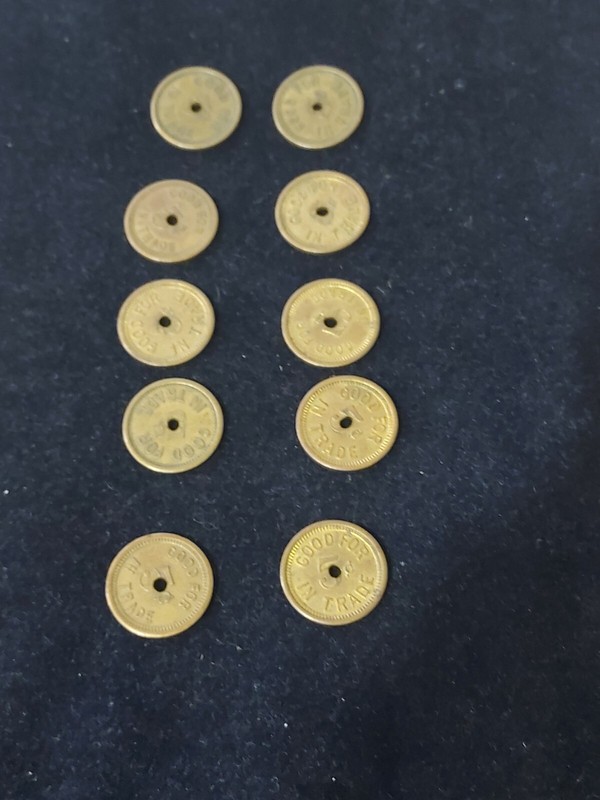 5 CENTS IN TRADE TOKENS 10 PIECE LOT #2 CHECK IT OUT  THEY ARE NUMBRERED