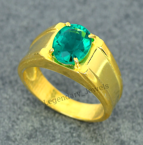 Green Emerald Gemstone Ring 18K solid yellow Gold Men's Statement Ring - Picture 2 of 3