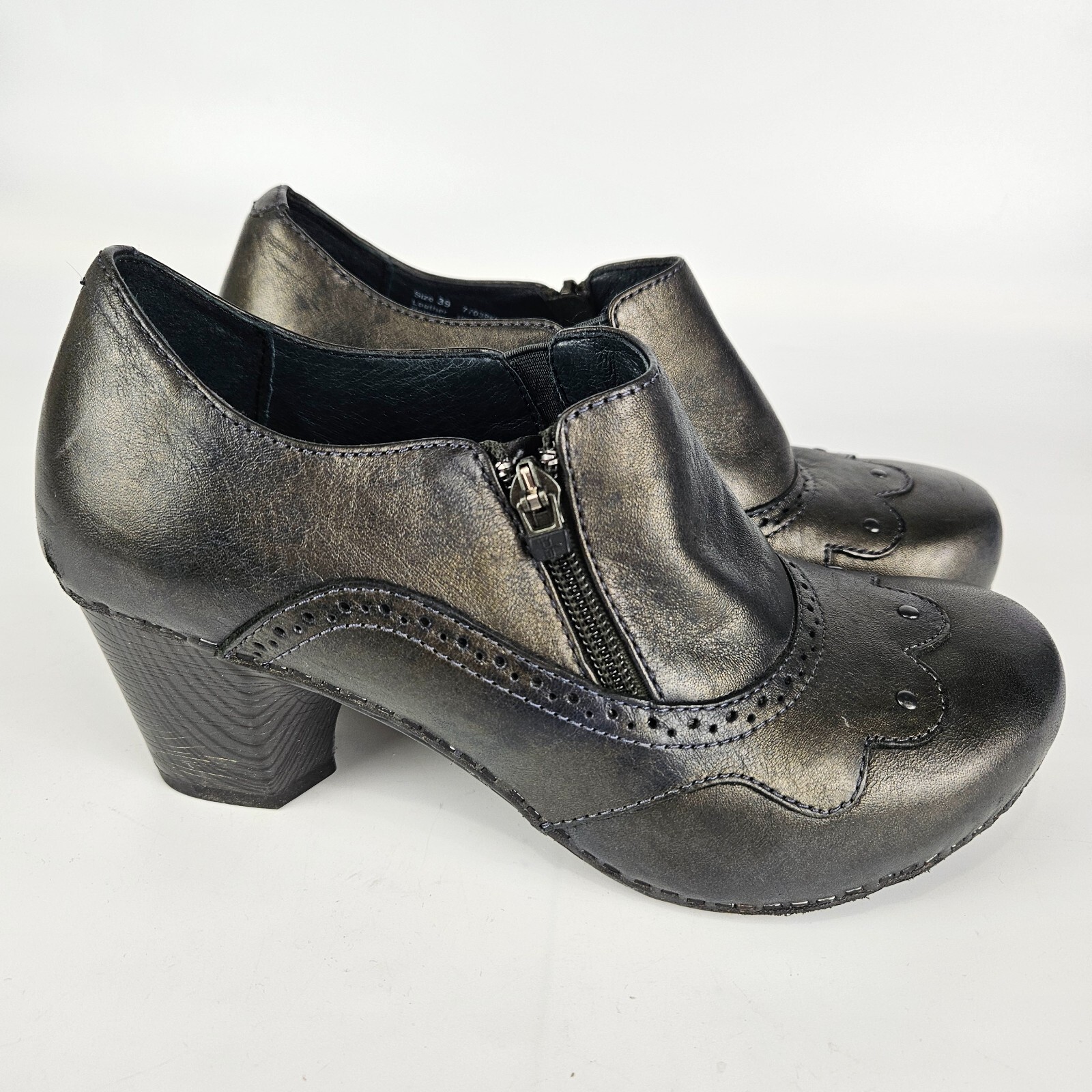 Dansko Nancy Graphite Ankle Bootie Clog Leather Side Zipper Heels Black 39 8.5