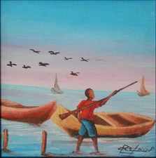 Original Miniature Naïve Oil Painting on Canvas Fisherman by the Sea by Rafael