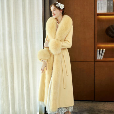 Womens Double Sided Cashmere Real Fox Fur Collar Long Trench Coat