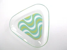 Mid Century Triangular Glass Dish Blue and Green Wavey Psychedelic Mod Design