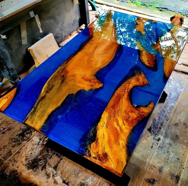 Elegant Blue Resin Epoxy Wooden Resin River Table Top, Epoxy Coffee Table Top