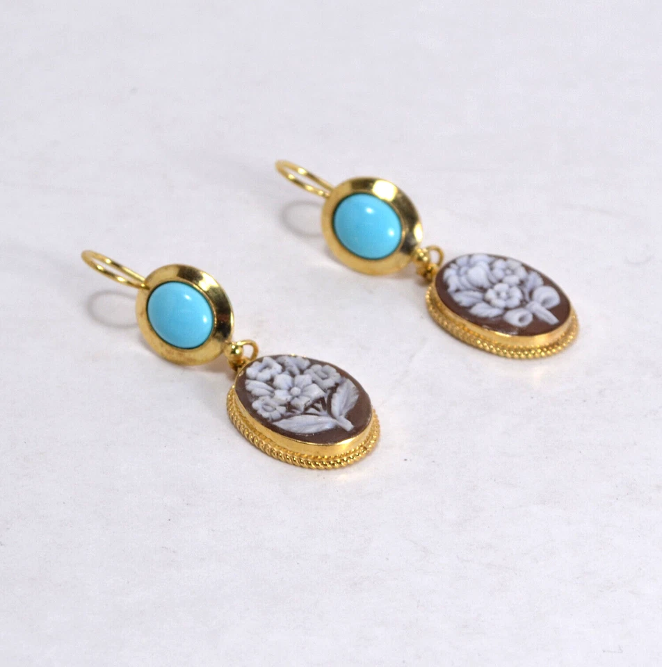 ORECCHINI  ARGENTO 925 DORATO CAMMEI SARDONICO TURCHESE NATURALE       AGHT 0878 - Immagine 2 di 3