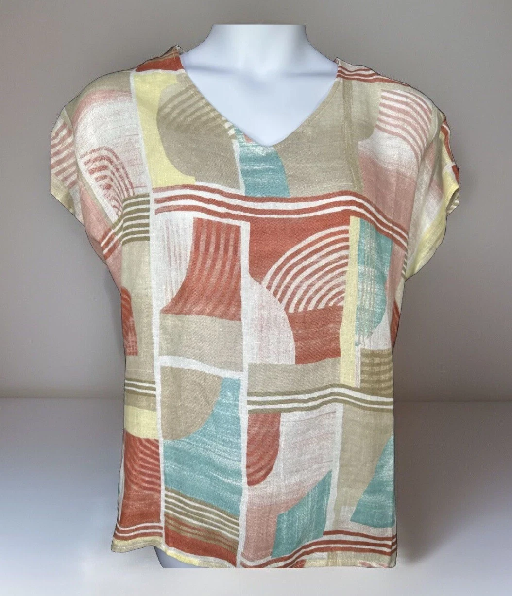 Chico's Womens V-Neck Geometric Block-Print Linen Poncho Oversized Size S/M 0215