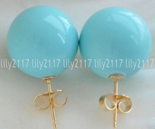 Genuino 8/10/12mm Azul Turquesa Mar del Sur Redondo Concha Perla Oro Pendiente