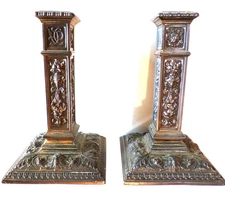Antique ART Nouveau Veiled Prophet Bronze Candle Stick Holders Repousse *j