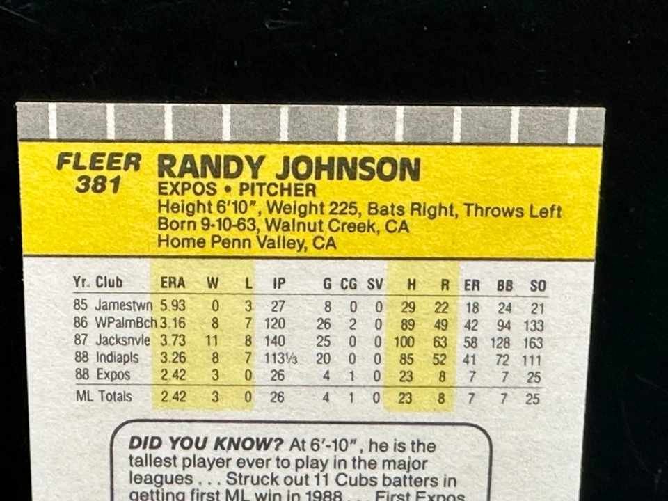 Randy Johnson 1989 Fleer Marlboro anuncio en marcador variación visible RC #381 🔥 Foto 4 de 4