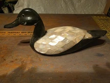 Wooden Duck With Mother Of Pearl Feather Overlay Hand Painted