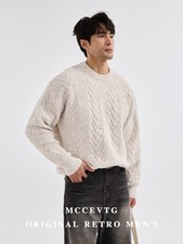 Men's Casual Jacquard Loose Round Neck Sweater Long Sleeved Thick Knit Sweaters