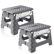 2 Pack - 9" Folding Plastic Step Foot Stools with Handle - Gray