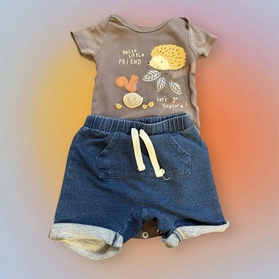 Gerber Baby Outfit- Size 3-6 Months- Hello Little Friends Denim Shorts