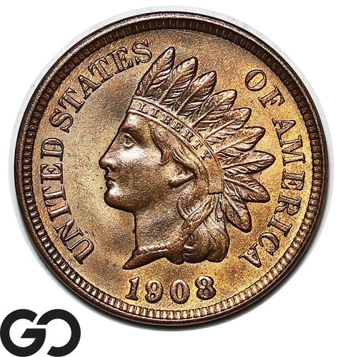 1908 Indian Head Cent Red-Brown Penny, Nice Gem BU++