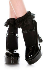 Music Legs Black Nylon Ruffle Trim Ankle Socks Anklets, One Size