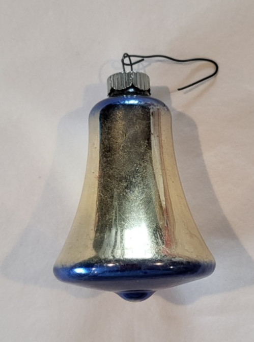 Vtg 3" SHINY BRITE Solid Blue Gold Mercury Glass Bell Shaped Christmas Ornament