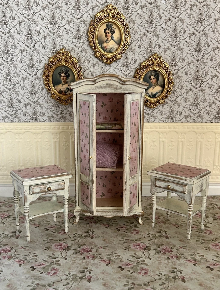Dolls House 1/12 Scale Shabby Chic Style Wardrobe and Two Bedside Cabinets. - Image 3 of 4