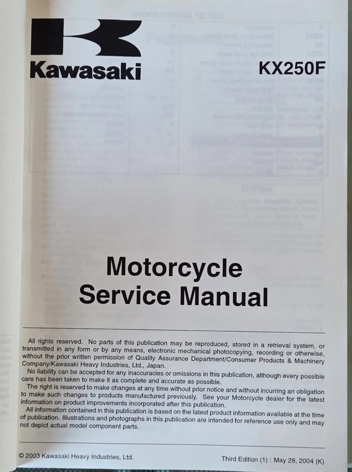 OEM Kawasaki KX250F 2004 2005 KXF 250F manual de reparación pieza # 99924-1324-03 Foto 3 de 4