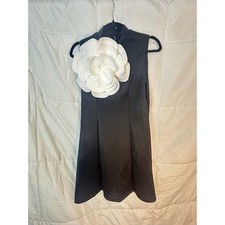 SHEIN Black Sleeveless Dress with Large White Camellia Flower Detail Size M