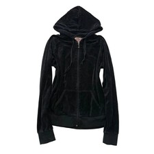 Vintage Juicy Couture Women's Black Velour Zip Up Hoodie Loungewear Y2K Size L