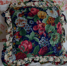 VTG FLORAL VICTORIAN THROW PILLOW RUFFLED NAVY BLUE RED GREEN COTTAGE 22" SQUARE