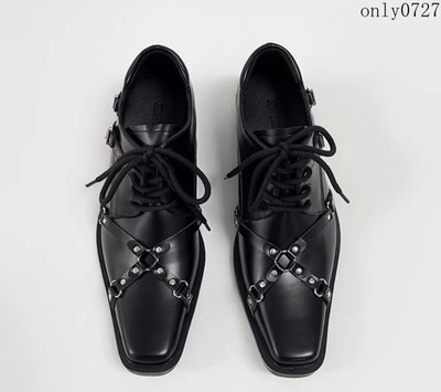 Men's Studded Strap Buckle Dress Derby Pointy Toe Flats Fashion Leather Shoes