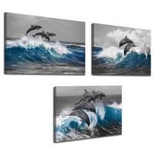 3 Piece Dolphin Wall Art Grey Blue Ocean Sea Animal Picture Bathroom Decor Ma...