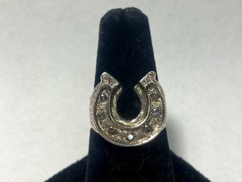 .925 Sterling Silver Mens Diamond Horseshoe Ring *